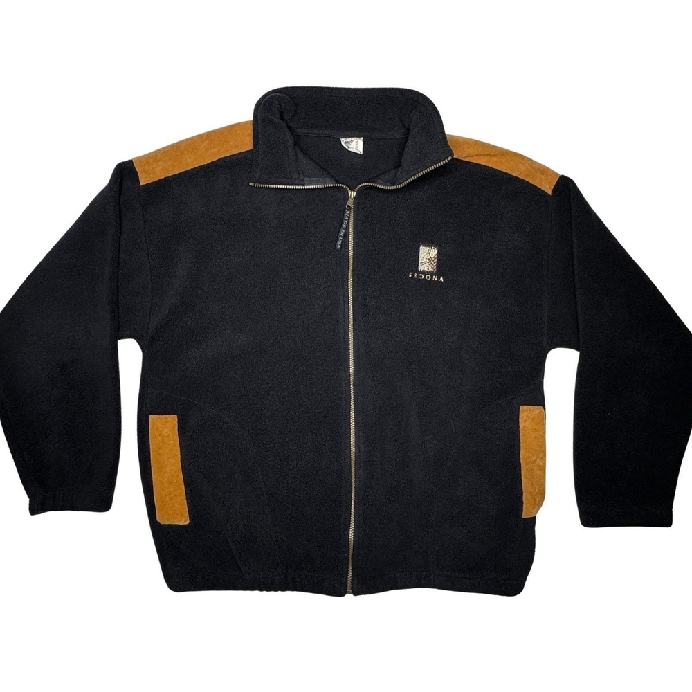 Polar Graphics Sedona Black Fleece Jacket XL Made in USA Full Zip Suede Trim VTG